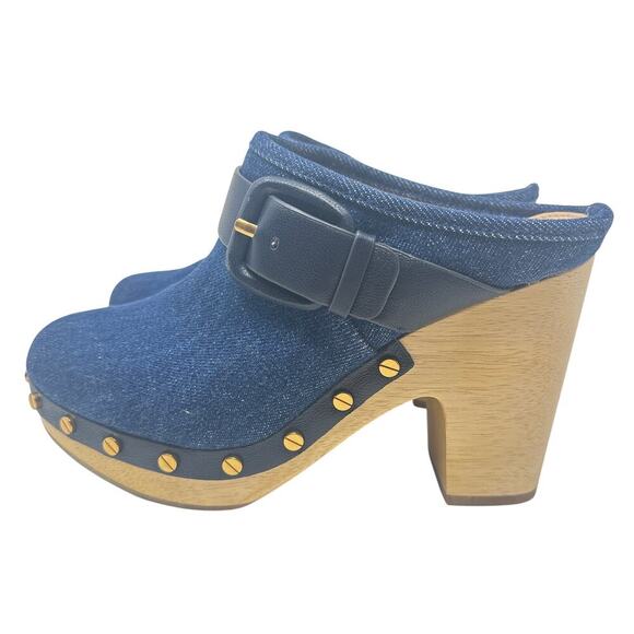 Veronica‎ Beard Dacey Denim Clogs Heels Studded Buckle Wood Blue Size 6 - Picture 7 of 13